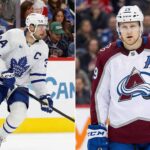 A split-screen photograph featuring two prominent NHL forwards in their white away jerseys. On the left side, Toronto Maple Leafs captain Auston Matthews (#34) is pictured skating with the puck during a game. On the right side, Colorado Avalanche alternate captain Nathan MacKinnon (#29) stands on the ice looking forward, ready for play.