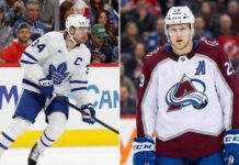 A split-screen photograph featuring two prominent NHL forwards in their white away jerseys. On the left side, Toronto Maple Leafs captain Auston Matthews (#34) is pictured skating with the puck during a game. On the right side, Colorado Avalanche alternate captain Nathan MacKinnon (#29) stands on the ice looking forward, ready for play.