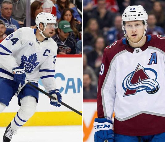 A split-screen photograph featuring two prominent NHL forwards in their white away jerseys. On the left side, Toronto Maple Leafs captain Auston Matthews (#34) is pictured skating with the puck during a game. On the right side, Colorado Avalanche alternate captain Nathan MacKinnon (#29) stands on the ice looking forward, ready for play.