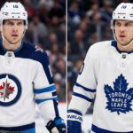 A split image depicting NHL center Brayden Schenn in potential trade destination uniforms. The left panel shows him wearing a white Winnipeg Jets away jersey with number 10. The right panel shows him wearing a white Toronto Maple Leafs away jersey with number 10.