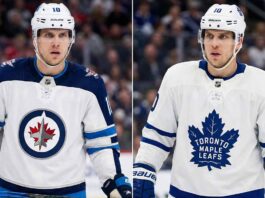 A split image depicting NHL center Brayden Schenn in potential trade destination uniforms. The left panel shows him wearing a white Winnipeg Jets away jersey with number 10. The right panel shows him wearing a white Toronto Maple Leafs away jersey with number 10.