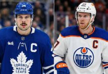 A split-screen photograph showing two NHL team captains. On the left is Auston Matthews of the Toronto Maple Leafs, wearing his blue home jersey with a 'C'. On the right is Connor McDavid of the Edmonton Oilers, wearing his white away jersey also with a 'C'. Both players are in full gear and helmets on the ice.