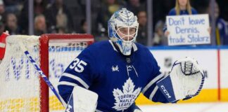 Toronto Maple Leafs goaltender Dennis Hildeby, wearing number 35, stands ready in his crease during a game. Behind the protective glass in the blurred background crowd, a blonde female fan holds up a white handmade sign with blue lettering that reads, "Don't leave Dennis, trade Stolarz."