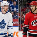 A split image showing NHL defenseman Dougie Hamilton in two different uniforms on the ice. On the left side, he wears a white Toronto Maple Leafs away jersey and helmet. On the right side, he wears a red Carolina Hurricanes home jersey and helmet.