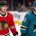 A split photograph visualizing NHL player Elias Pettersson wearing a red Chicago Blackhawks uniform on the left side and a teal San Jose Sharks uniform on the right side, illustrating potential trade destinations.