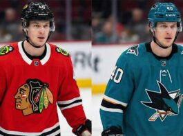A split photograph visualizing NHL player Elias Pettersson wearing a red Chicago Blackhawks uniform on the left side and a teal San Jose Sharks uniform on the right side, illustrating potential trade destinations.