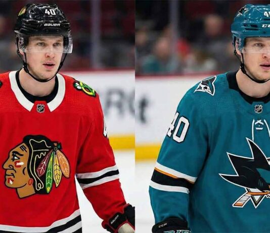 A split photograph visualizing NHL player Elias Pettersson wearing a red Chicago Blackhawks uniform on the left side and a teal San Jose Sharks uniform on the right side, illustrating potential trade destinations.