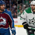 Report: Stars and Avalanche Circling Canucks for Evander Kane Trade A split-screen composite photograph showing NHL forward Evander Kane. On the left side, he is depicted wearing a burgundy Colorado Avalanche home uniform with a blue helmet. On the right side, he is depicted wearing a white Dallas Stars away uniform with a white helmet, holding a hockey stick.