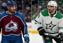 A split-screen composite photograph showing NHL forward Evander Kane. On the left side, he is depicted wearing a burgundy Colorado Avalanche home uniform with a blue helmet. On the right side, he is depicted wearing a white Dallas Stars away uniform with a white helmet, holding a hockey stick.