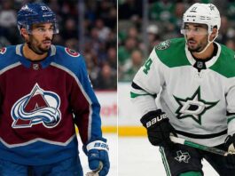 Report: Stars and Avalanche Circling Canucks for Evander Kane Trade A split-screen composite photograph showing NHL forward Evander Kane. On the left side, he is depicted wearing a burgundy Colorado Avalanche home uniform with a blue helmet. On the right side, he is depicted wearing a white Dallas Stars away uniform with a white helmet, holding a hockey stick.