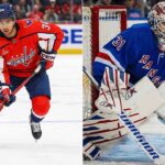 A split photograph featuring NHL players. On the left side, Washington Capitals forward Justin Sourdif in a red jersey skates with the puck. On the right side, New York Rangers goaltender Igor Shesterkin in a blue jersey and full goalie gear is crouched in front of his net.