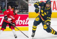 A split-panel image capturing the looks of pure desperation on the faces of junior hockey players Gavin McKenna and Ivar Stenberg as they chase a puck, clearly overwhelmed by the moment.
