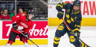 A split-panel image capturing the looks of pure desperation on the faces of junior hockey players Gavin McKenna and Ivar Stenberg as they chase a puck, clearly overwhelmed by the moment.