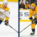 A split graphic featuring Nashville Predators forwards Steven Stamkos (left, in white away jersey) and Jonathan Marchessault (right, in yellow home jersey) skating on the ice during games.