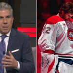 A split-screen image featuring TSN Director of Scouting Craig Button gesturing while speaking in a studio on the left panel, and Montreal Canadiens goaltender prospect Jacob Fowler looking down while wearing his jersey and pads in a red-lit arena on the right panel.