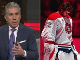 A split-screen image featuring TSN Director of Scouting Craig Button gesturing while speaking in a studio on the left panel, and Montreal Canadiens goaltender prospect Jacob Fowler looking down while wearing his jersey and pads in a red-lit arena on the right panel.