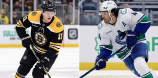 A vertical split-screen photograph comparing two NHL players skating with pucks during games. On the left side is Casey Mittelstadt wearing a black Boston Bruins uniform. On the right side is Kiefer Sherwood wearing a white Vancouver Canucks uniform.