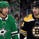 A split-panel photograph depicting NHL player Kiefer Sherwood. On the left side, he is wearing a green Dallas Stars jersey with the number 44 on the sleeve and a green helmet. On the right side, he is wearing a black Boston Bruins jersey with yellow trim, also showing the number 44 on the sleeve, and a black helmet.
