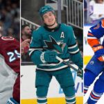 Is Macklin Celebrini Robbing McDavid of the Hart Trophy? The 2026 MVP Shock A three-panel split photograph showing, from left to right, Colorado Avalanche forward Nathan MacKinnon, San Jose Sharks forward Macklin Celebrini, and Edmonton Oilers forward Connor McDavid. Each player is shown on the ice in their respective team's jersey during a game or warm-up.