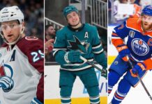 A three-panel split photograph showing, from left to right, Colorado Avalanche forward Nathan MacKinnon, San Jose Sharks forward Macklin Celebrini, and Edmonton Oilers forward Connor McDavid. Each player is shown on the ice in their respective team's jersey during a game or warm-up.
