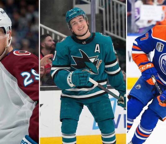 Is Macklin Celebrini Robbing McDavid of the Hart Trophy? The 2026 MVP Shock A three-panel split photograph showing, from left to right, Colorado Avalanche forward Nathan MacKinnon, San Jose Sharks forward Macklin Celebrini, and Edmonton Oilers forward Connor McDavid. Each player is shown on the ice in their respective team's jersey during a game or warm-up.