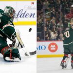 Trading Jesper Wallstedt Could Open Door for Marc-Andre Fleury Return A split image featuring two Minnesota Wild goaltenders. On the left side, Marc-Andre Fleury (#29) is shown making a dynamic pad save on a puck during a game. On the right side, Jesper Wallstedt (#30) is seen from behind, raising his stick in celebration towards a cheering crowd after a victory.