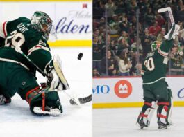 A split image featuring two Minnesota Wild goaltenders. On the left side, Marc-Andre Fleury (#29) is shown making a dynamic pad save on a puck during a game. On the right side, Jesper Wallstedt (#30) is seen from behind, raising his stick in celebration towards a cheering crowd after a victory.