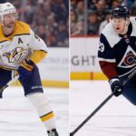 A vertical split image showing two professional ice hockey players on the ice during games. On the left side, Steven Stamkos of the Nashville Predators, wearing a white No. 91 jersey with a captain's 'C', stands holding his stick and looking forward. On the right side, Nathan MacKinnon of the Colorado Avalanche, in a navy blue No. 29 jersey with an alternate captain's 'A', is pictured skating with the puck on his stick.