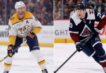 A vertical split image showing two professional ice hockey players on the ice during games. On the left side, Steven Stamkos of the Nashville Predators, wearing a white No. 91 jersey with a captain's 'C', stands holding his stick and looking forward. On the right side, Nathan MacKinnon of the Colorado Avalanche, in a navy blue No. 29 jersey with an alternate captain's 'A', is pictured skating with the puck on his stick.