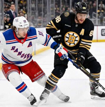 Rangers vs. Bruins TV Schedule: Can New York Survive Without Shesterkin? (Jan 10, 2026) New York Rangers forward Artemi Panarin (10) and Boston Bruins forward David Pastrnak (88) battle for control of the puck during an NHL game.