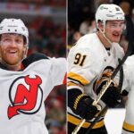 A split-screen photo showing hockey players celebrating. On the left side, New Jersey Devils defenseman Dougie Hamilton (No. 7) is shown in a white away jersey, smiling with his tongue out and arms raised. On the right side, two Boston Bruins players in white away jerseys, No. 91 and No. 92, are celebrating together, smiling.