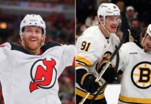 A split-screen photo showing hockey players celebrating. On the left side, New Jersey Devils defenseman Dougie Hamilton (No. 7) is shown in a white away jersey, smiling with his tongue out and arms raised. On the right side, two Boston Bruins players in white away jerseys, No. 91 and No. 92, are celebrating together, smiling.