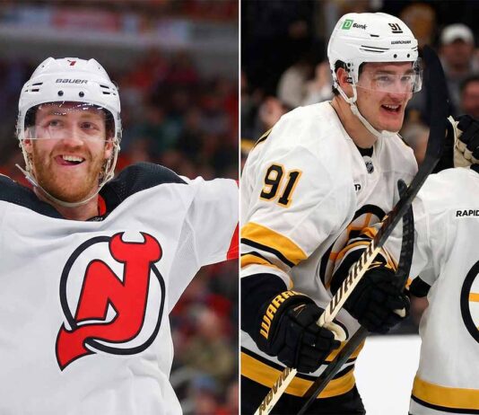 A split-screen photo showing hockey players celebrating. On the left side, New Jersey Devils defenseman Dougie Hamilton (No. 7) is shown in a white away jersey, smiling with his tongue out and arms raised. On the right side, two Boston Bruins players in white away jerseys, No. 91 and No. 92, are celebrating together, smiling.