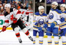 A vertical split photo showing New Jersey Devils defenseman Dougie Hamilton skating with the puck on the left side, and three Buffalo Sabres players celebrating and smiling together on the right side.