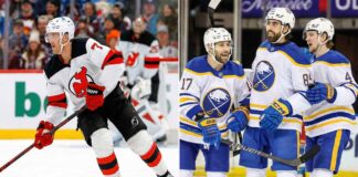 Is Dougie Hamilton Done in NJ? + Major 2026 NHL Draft Announcement A vertical split photo showing New Jersey Devils defenseman Dougie Hamilton skating with the puck on the left side, and three Buffalo Sabres players celebrating and smiling together on the right side.