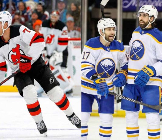A vertical split photo showing New Jersey Devils defenseman Dougie Hamilton skating with the puck on the left side, and three Buffalo Sabres players celebrating and smiling together on the right side.