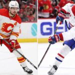 A vertical split image showing two NHL players on the ice. The left panel features Calgary Flames defenseman Rasmus Andersson in his white, red, and yellow uniform, wearing number 4, looking forward with his stick on the ice, ready to pass or shoot. The right panel shows Montreal Canadiens defenseman Lane Hutson in his white, blue, and red uniform, wearing number 48, in the middle of a powerful shot, with his stick flexed and the puck leaving the blade.