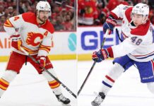 A vertical split image showing two NHL players on the ice. The left panel features Calgary Flames defenseman Rasmus Andersson in his white, red, and yellow uniform, wearing number 4, looking forward with his stick on the ice, ready to pass or shoot. The right panel shows Montreal Canadiens defenseman Lane Hutson in his white, blue, and red uniform, wearing number 48, in the middle of a powerful shot, with his stick flexed and the puck leaving the blade.