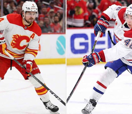 A vertical split image showing two NHL players on the ice. The left panel features Calgary Flames defenseman Rasmus Andersson in his white, red, and yellow uniform, wearing number 4, looking forward with his stick on the ice, ready to pass or shoot. The right panel shows Montreal Canadiens defenseman Lane Hutson in his white, blue, and red uniform, wearing number 48, in the middle of a powerful shot, with his stick flexed and the puck leaving the blade.