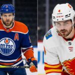 A split-screen photograph featuring two NHL players. On the left, Leon Draisaitl of the Edmonton Oilers in a blue home jersey. On the right, Rasmus Andersson of the Calgary Flames in a white away jersey. Both players are looking forward intently on the ice.