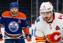 A split-screen photograph featuring two NHL players. On the left, Leon Draisaitl of the Edmonton Oilers in a blue home jersey. On the right, Rasmus Andersson of the Calgary Flames in a white away jersey. Both players are looking forward intently on the ice.