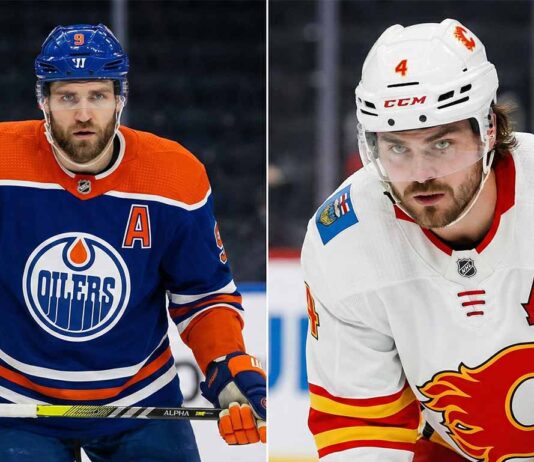 A split-screen photograph featuring two NHL players. On the left, Leon Draisaitl of the Edmonton Oilers in a blue home jersey. On the right, Rasmus Andersson of the Calgary Flames in a white away jersey. Both players are looking forward intently on the ice.
