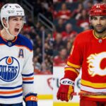 A split-screen hockey photograph comparing contrasting moods. On the left side, Ryan Nugent-Hopkins of the Edmonton Oilers, wearing a white away jersey, is yelling in celebration with his mouth wide open. On the right side, Nazem Kadri of the Calgary Flames, wearing a red home jersey, looks forward with a serious, stoic expression.