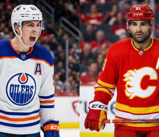 A split-screen hockey photograph comparing contrasting moods. On the left side, Ryan Nugent-Hopkins of the Edmonton Oilers, wearing a white away jersey, is yelling in celebration with his mouth wide open. On the right side, Nazem Kadri of the Calgary Flames, wearing a red home jersey, looks forward with a serious, stoic expression.