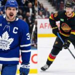 A split-screen photograph showing two NHL players. On the left side, Toronto Maple Leafs captain Auston Matthews, wearing his blue home jersey with the 'C', is pictured yelling with excitement and pumping his fist. On the right side, Vancouver Canucks forward Elias Pettersson, wearing his black flying skate jersey, is shown skating with the puck on his stick, looking forward.
