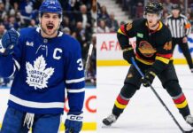 NHL News: Olympic Fever Hits, Stars Snap Bruins’ Streak, and Is a Blockbuster Trade Looming in Vancouver? A split-screen photograph showing two NHL players. On the left side, Toronto Maple Leafs captain Auston Matthews, wearing his blue home jersey with the 'C', is pictured yelling with excitement and pumping his fist. On the right side, Vancouver Canucks forward Elias Pettersson, wearing his black flying skate jersey, is shown skating with the puck on his stick, looking forward.