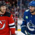 NHL News: Major Trade Rumors Explode & Scores from Jan 23 A split-screen hockey photograph showing New Jersey Devils defenseman Dougie Hamilton on the left in a red jersey, and Vancouver Canucks forward Evander Kane on the right in a blue jersey.