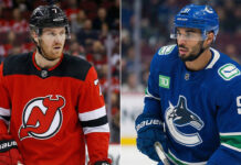 NHL News: Major Trade Rumors Explode & Scores from Jan 23 A split-screen hockey photograph showing New Jersey Devils defenseman Dougie Hamilton on the left in a red jersey, and Vancouver Canucks forward Evander Kane on the right in a blue jersey.