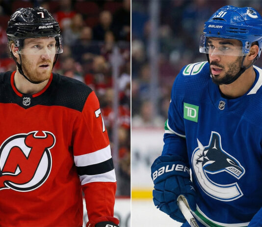 NHL News: Major Trade Rumors Explode & Scores from Jan 23 A split-screen hockey photograph showing New Jersey Devils defenseman Dougie Hamilton on the left in a red jersey, and Vancouver Canucks forward Evander Kane on the right in a blue jersey.