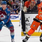 Rookie Phenom Stuns Flames & Did the Leafs Just Hit Rock Bottom? (Jan 26 News) A split-screen photograph showing two NHL hockey players on the ice during separate games. On the left side, a Colorado Avalanche player wearing jersey number 11 in blue skates forward, holding his stick. On the right side, an Anaheim Ducks player wearing jersey number 45 in orange is actively stickhandling a puck low to the ice.